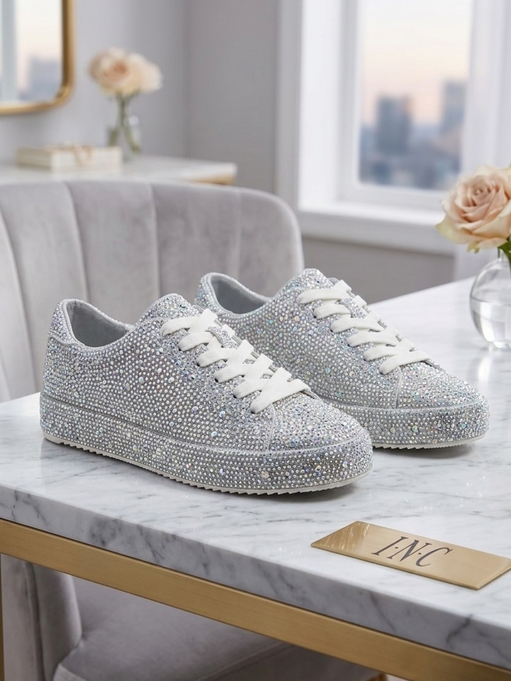 INC International Concepts Silver Crystal Embellished Lace-Up Sneakers
